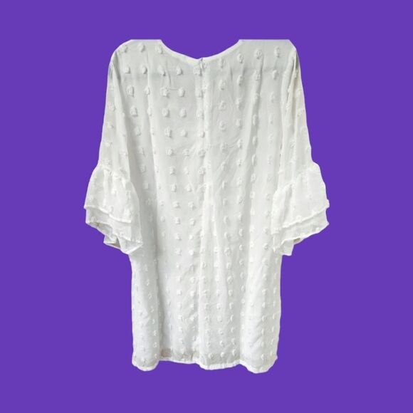 BELONGSCI Women's ultra white Plus size sheer clip dot Bell sleeve midi dress - Picture 5 of 10